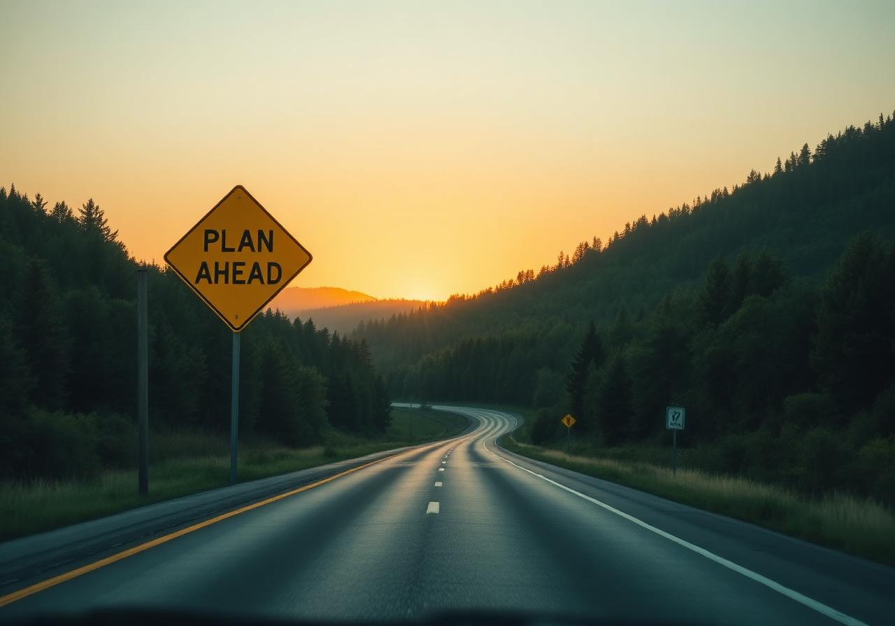 A 'Plan Ahead' road sign at sunrise on a quiet country road
